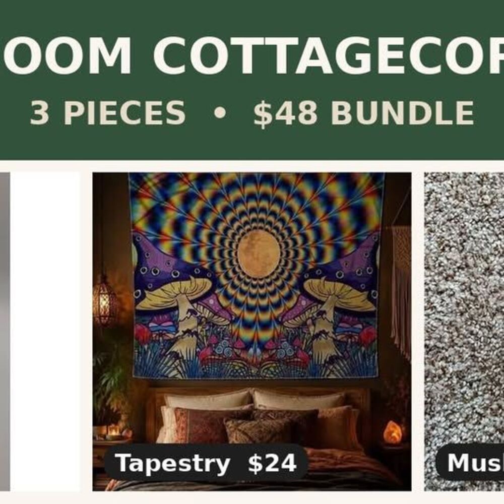 Mushroom Cottagecore Decor Bundle | Wooden Figurine + Psychedelic Tapestry + Glo